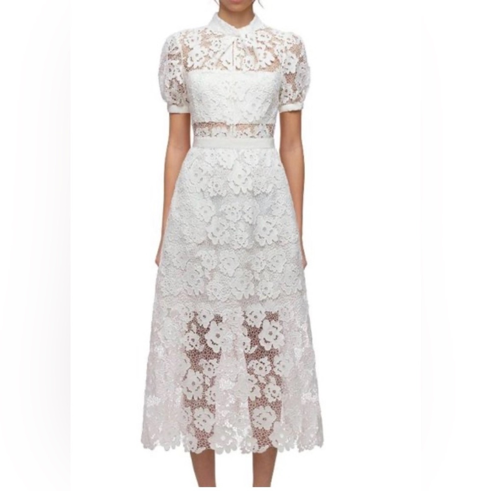 Self-Portrait White Floral Lace Midi Dress